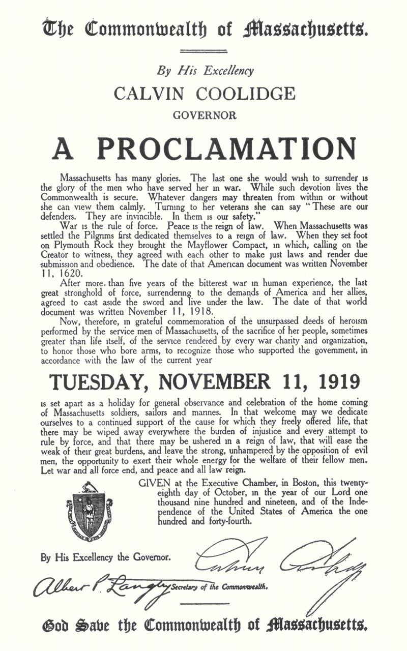 Coolidge Armistice Day Proclamation, Massachusetts, 11 November 1919