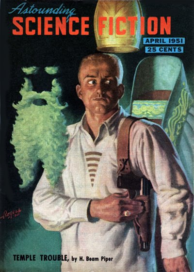 Temple Trouble, H. Beam Piper - Astounding April 1951 cover by Hubert Rogers