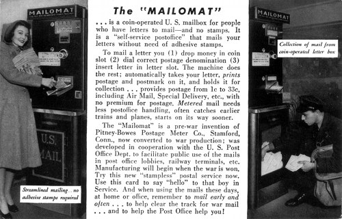 Postcard photo - Mailomat, New York City, 16 September 1944