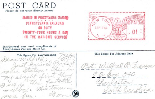 Postcard text - Mailomat, New York City, 16 September 1944 - Donald L. Franson