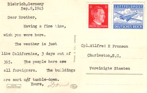 Postcard text - Biebrich, Germany, 8 Sept 1945 - Donald L. Franson