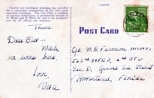 Postcard text - Milwaukee City Hall, 25 May 1945 - Vera Howe Franson