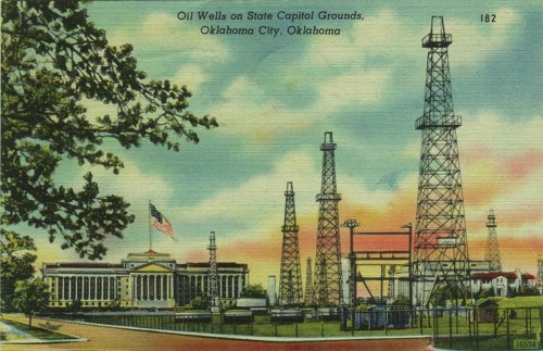 Postcard photo - Oil Wells on State Capitol Grounds, Oklahoma City