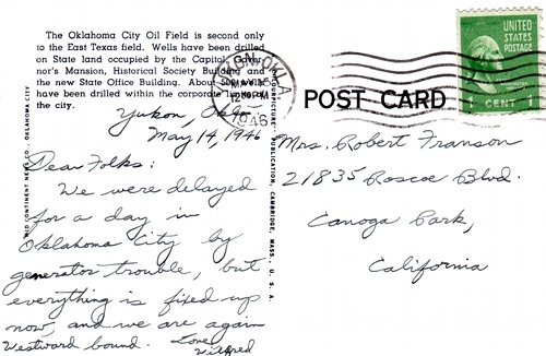 Postcard text - Capitol Oil Wells, Oklahoma City, 14 May 1946 - Wilfred R. Franson