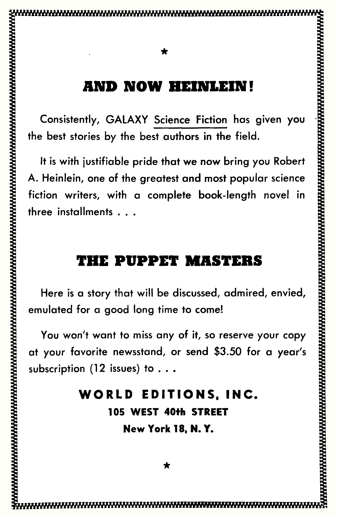 Galaxy announcement for The Puppet Masters by Robert W. Heinlein,1951