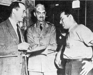 Robert A. Heinlein, L. Sprague de Camp, Isaac Asimov at Philadelphia Navy Yard, 1944