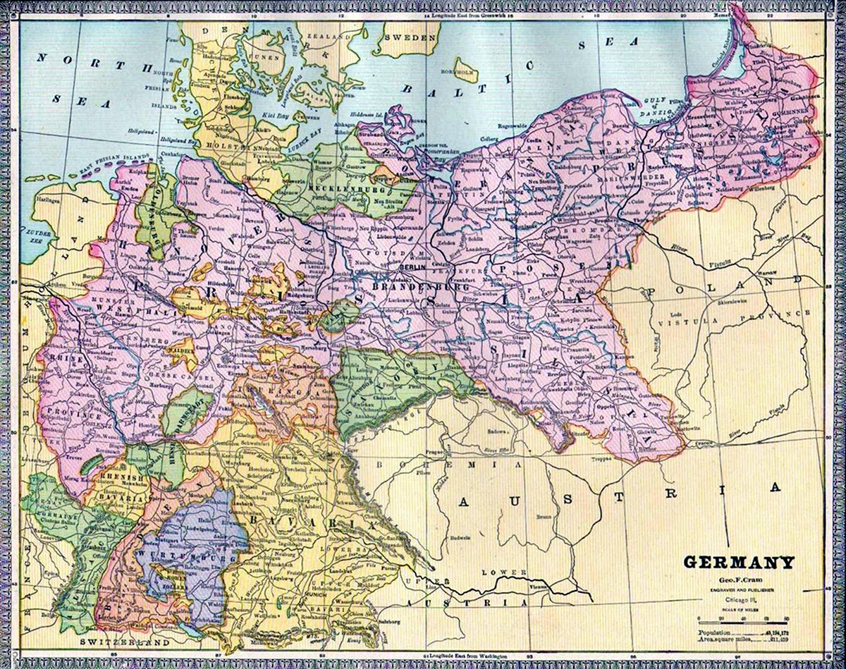 Germany map 1886, Cram's Atlas