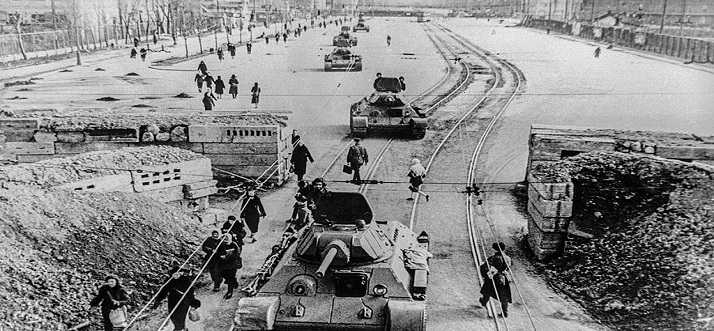 Soviet tanks on street during German Siege of Leningrad 1941-1944
