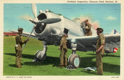 Postcard photo - U.S. Army Air Corps Preflight Inspection, Chanute Field, Illinois 1940s