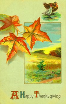 Postcard art - A Happy Thanksgiving: Thanksgiving leaves, landscape 1911
