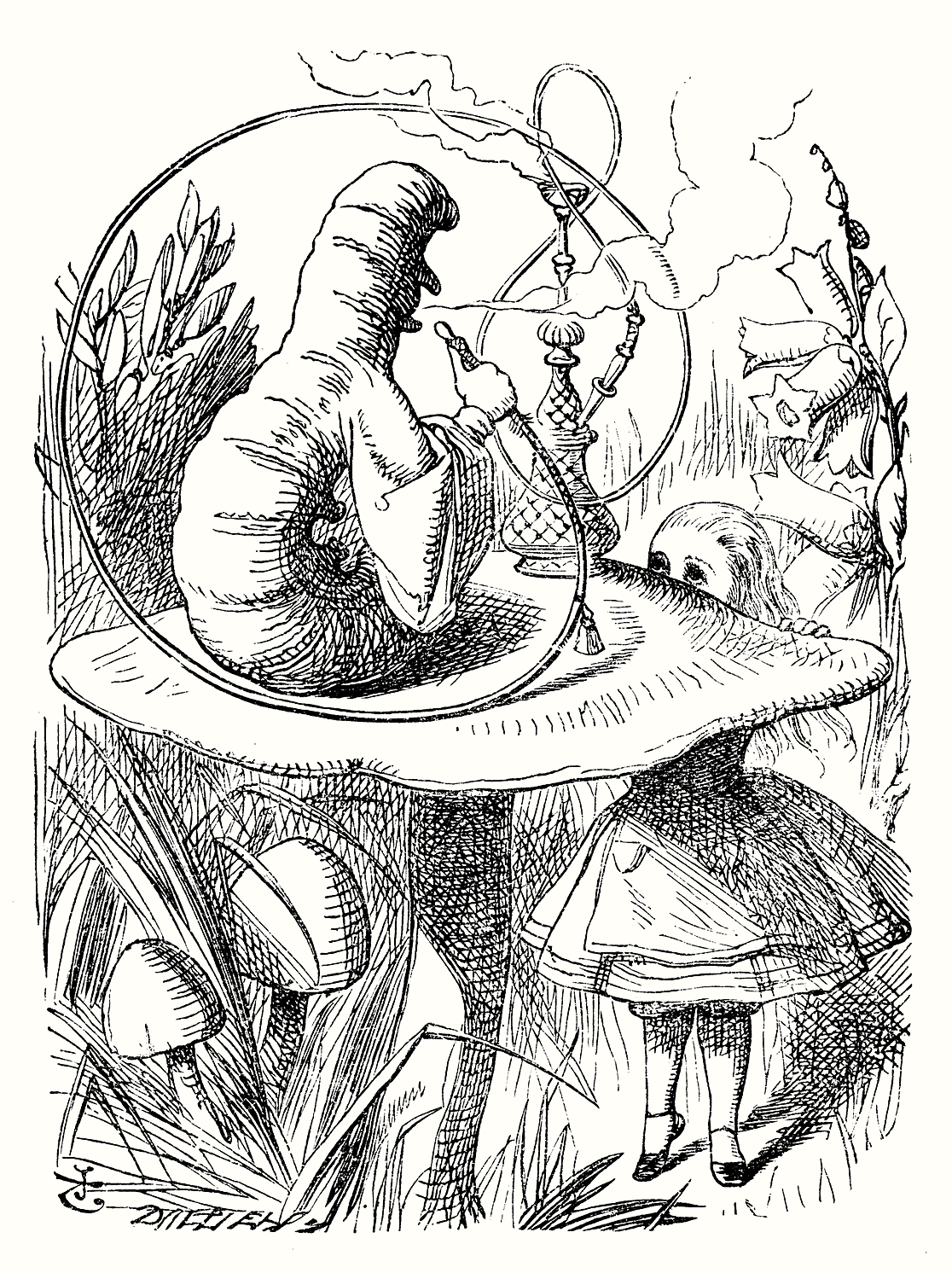 Alice and the Caterpillar by John Tenniel for Alice in Wonderland, Lewis Carroll, 1865