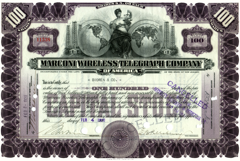 Marconi Wireless Telegraph Company - 100-shares stock certificate, 4 Febrary 1890