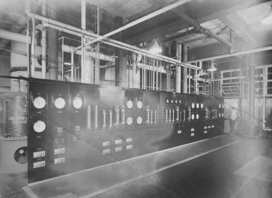 Alcohol Plant, Willamette Valley Wood Chemical Company, May 1947; Distillation Control Panel, Bill Franson at work, far right - VHF photo