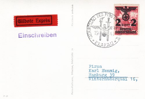 Postcard text - Hitler's Birthday in Krakau 20 April 1941: Nazi Postcard