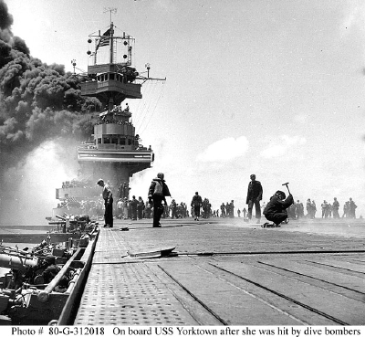 USS Yorktown after hit by dive bombers, Battle of Midway, 4 June 1942