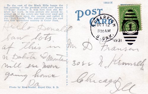 Postcard text - Badlands, near Black Hills, South Dakota, 12 October 1931 - Robert Franson