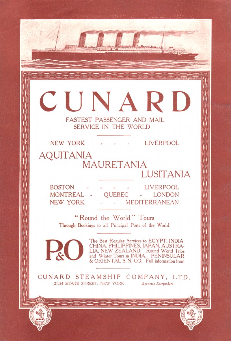 Cunard Steamship Co., Aquitania, Mauretania, Lusitania - advertisement in North American Review, March 1915