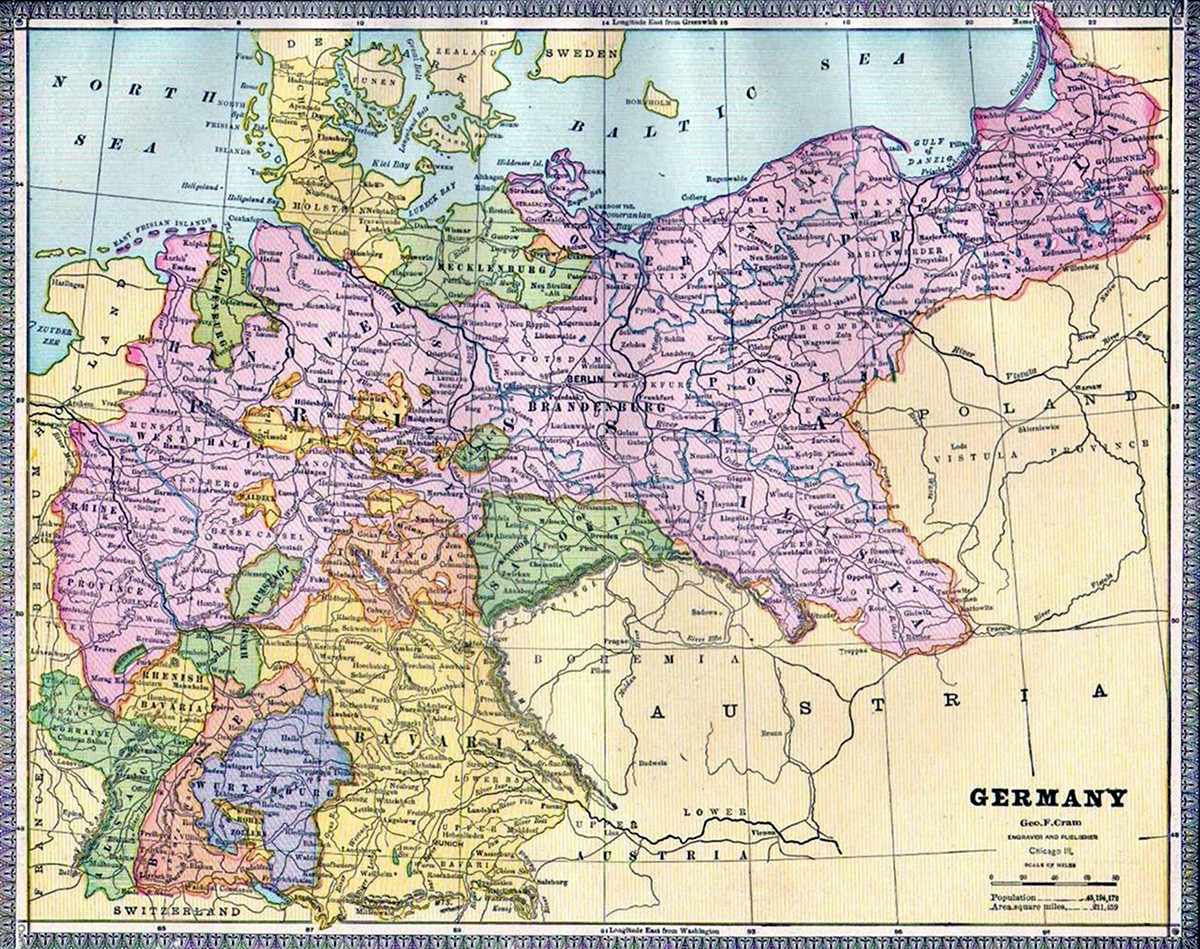 Imperial Germany map 1886, Cram's Atlas