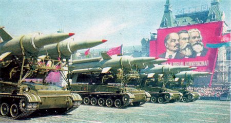 Soviet missile parade; banner with Lenin, Engels, Marx; 1966: Soviet Postcard (inset, small)