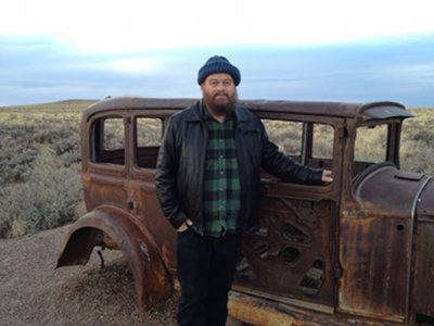 Robert W. Franson and abandoned automobile: Old Route 66 Memorial, Painted Desert, Arizona - Dec 2012